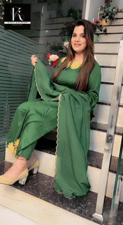 Green Suit with Cutwork Dupatta (Overall Yellow Patchwork) - Kirti Kapoor Couture