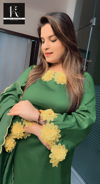 Green Suit with Cutwork Dupatta (Overall Yellow Patchwork) - Kirti Kapoor Couture