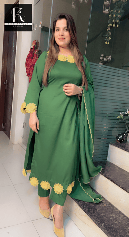 Green Suit with Cutwork Dupatta (Overall Yellow Patchwork) - Kirti Kapoor Couture