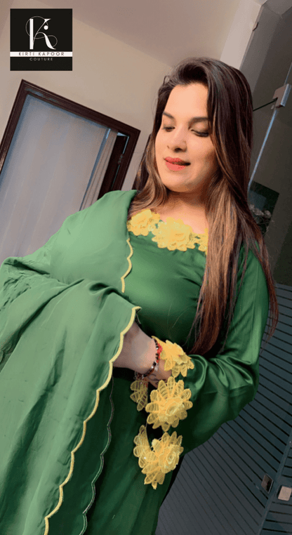 Green Suit with Cutwork Dupatta (Overall Yellow Patchwork) - Kirti Kapoor Couture