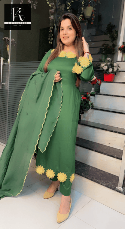 Green Suit with Cutwork Dupatta (Overall Yellow Patchwork) - Kirti Kapoor Couture