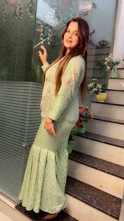 Green Velvet Embroidered Set with Brocade Sharara - Kirti Kapoor Couture
