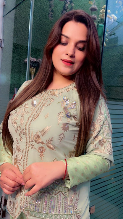 Green Velvet Embroidered Set with Brocade Sharara - Kirti Kapoor Couture