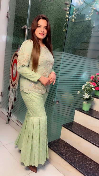 Green Velvet Embroidered Set with Brocade Sharara - Kirti Kapoor Couture