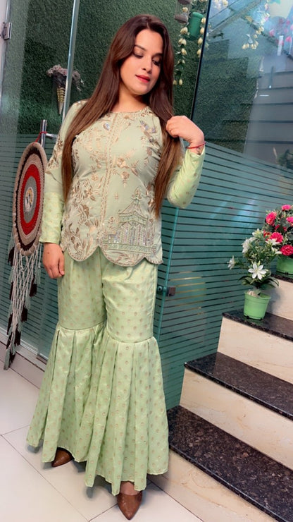 Green Velvet Embroidered Set with Brocade Sharara - Kirti Kapoor Couture