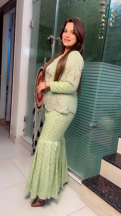 Green Velvet Embroidered Set with Brocade Sharara - Kirti Kapoor Couture