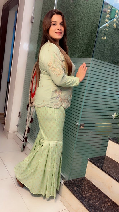 Green Velvet Embroidered Set with Brocade Sharara - Kirti Kapoor Couture