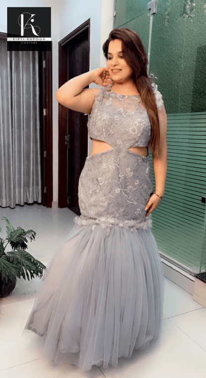 Grey Embroidered Fabric Fish - Cut Style Gown - Kirti Kapoor Couture