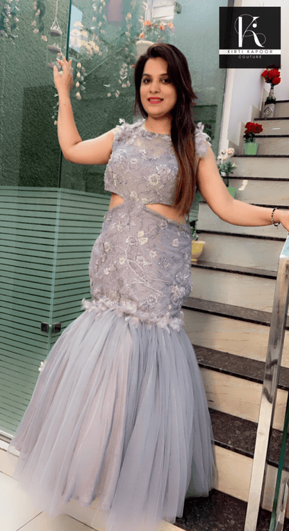 Grey Embroidered Fabric Fish - Cut Style Gown - Kirti Kapoor Couture