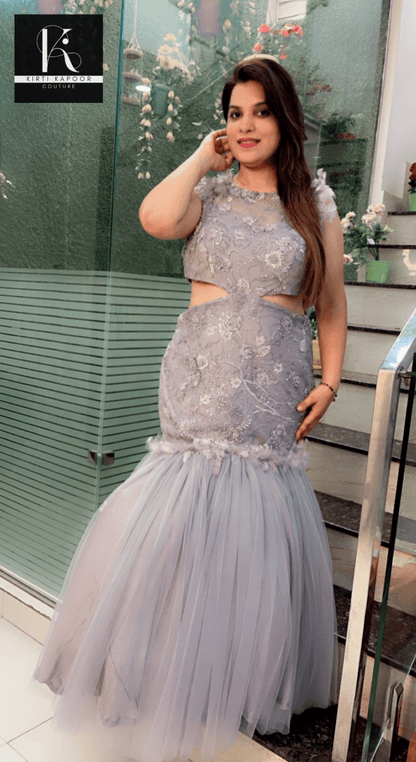 Grey Embroidered Fabric Fish - Cut Style Gown - Kirti Kapoor Couture
