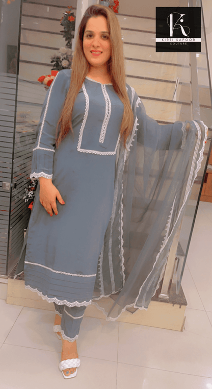 Grey Suit with Lace - work & Organza Dupatta - Kirti Kapoor Couture