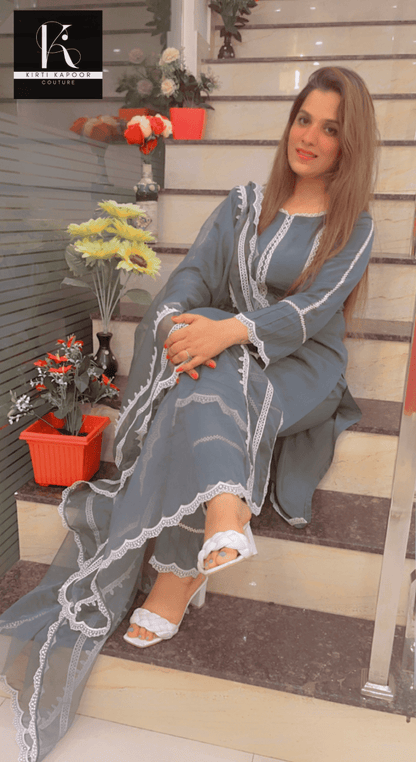 Grey Suit with Lace - work & Organza Dupatta - Kirti Kapoor Couture