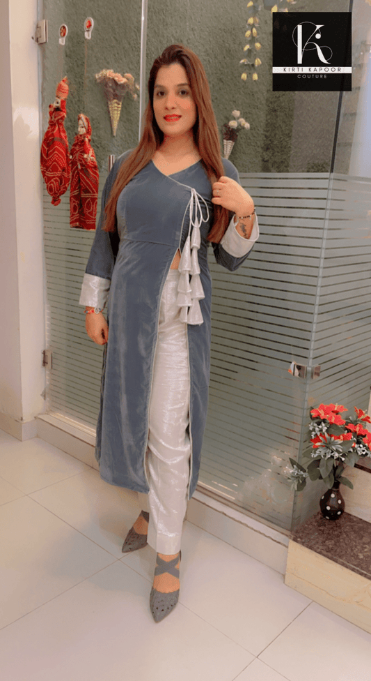 Grey Velvet Kurti with Contrasting Pant - Kirti Kapoor Couture
