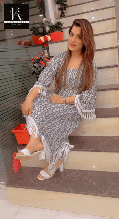 Grey - White Printed A - line Kurti - Kirti Kapoor Couture