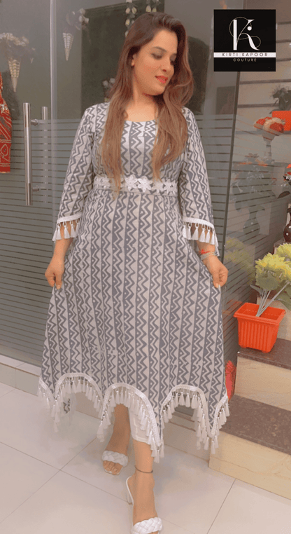 Grey - White Printed A - line Kurti - Kirti Kapoor Couture