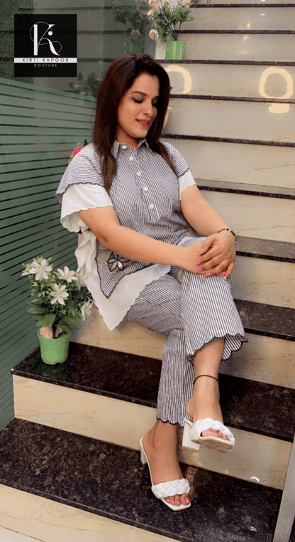 Grey - White Striped Embroidered Co - ord with Scalping - Kirti Kapoor Couture