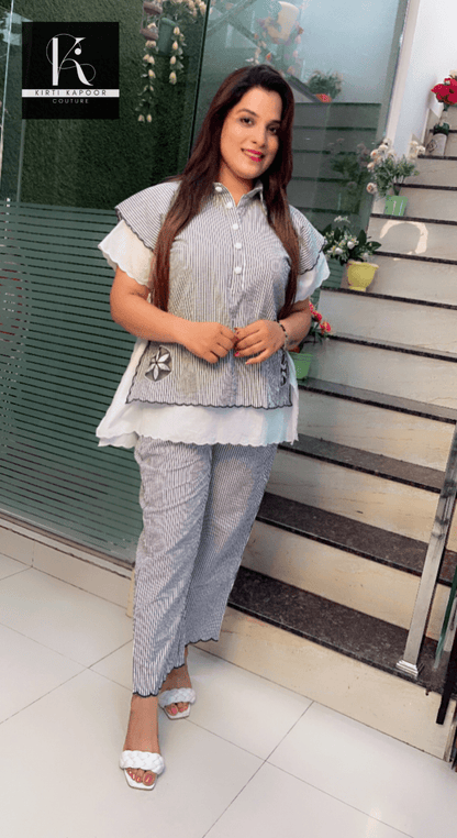 Grey - White Striped Embroidered Co - ord with Scalping - Kirti Kapoor Couture