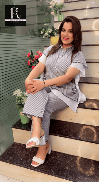 Grey - White Striped Embroidered Co - ord with Scalping - Kirti Kapoor Couture