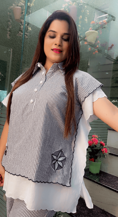 Grey - White Striped Embroidered Co - ord with Scalping - Kirti Kapoor Couture