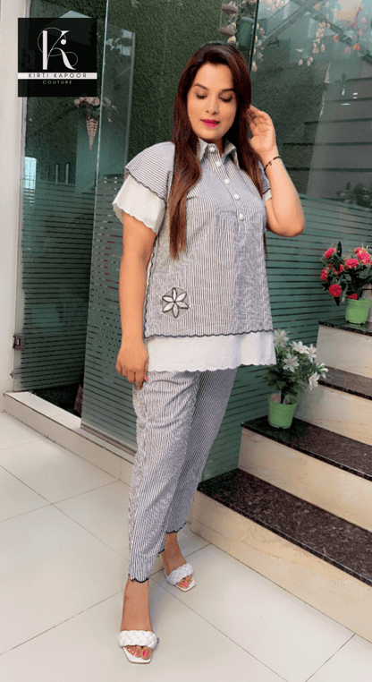 Grey - White Striped Embroidered Co - ord with Scalping - Kirti Kapoor Couture