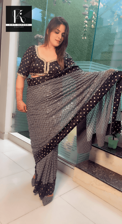 Greyish - Black Worked Fabric Saree with Brocade Blouse - Kirti Kapoor Couture
