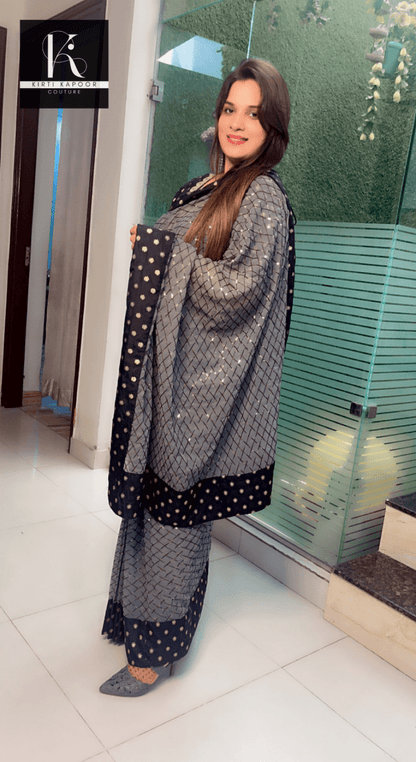 Greyish - Black Worked Fabric Saree with Brocade Blouse - Kirti Kapoor Couture