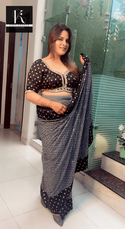 Greyish - Black Worked Fabric Saree with Brocade Blouse - Kirti Kapoor Couture