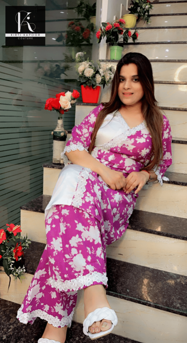 Half and Half Floral and Plain Summer Co - ord Set - Kirti Kapoor Couture