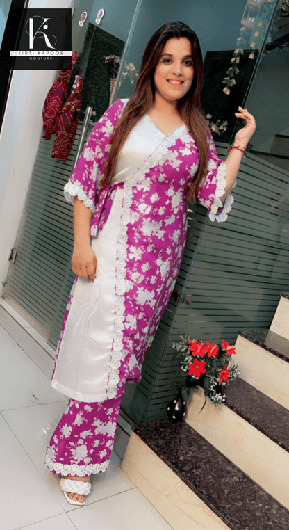 Half and Half Floral and Plain Summer Co - ord Set - Kirti Kapoor Couture