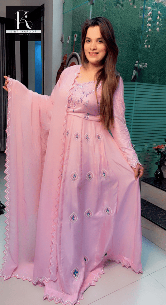 Hand - Embroidered Anarkali with Cutworked Dupatta - Kirti Kapoor Couture