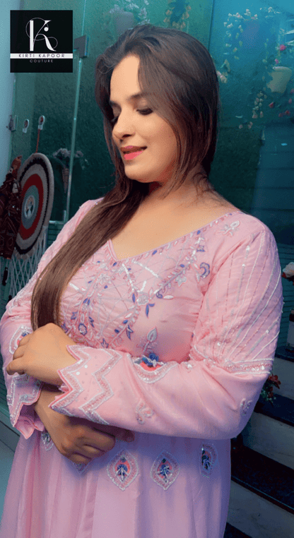 Hand - Embroidered Anarkali with Cutworked Dupatta - Kirti Kapoor Couture