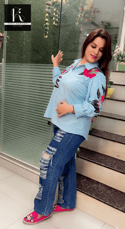 Hand - Embroidered Cotton Stripped Shirt - Kirti Kapoor Couture