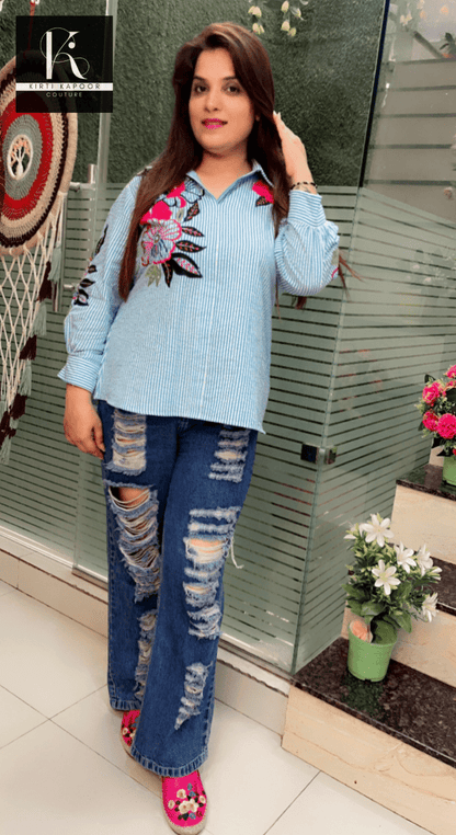 Hand - Embroidered Cotton Stripped Shirt - Kirti Kapoor Couture