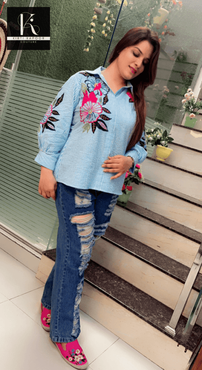 Hand - Embroidered Cotton Stripped Shirt - Kirti Kapoor Couture
