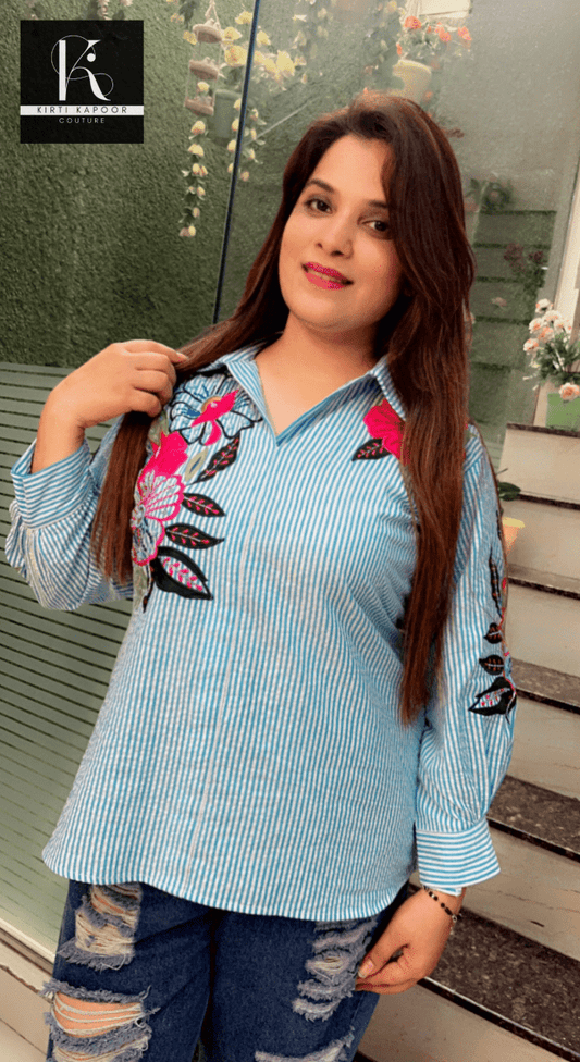 Hand - Embroidered Cotton Stripped Shirt - Kirti Kapoor Couture