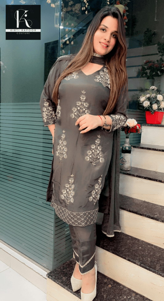 Hand - Embroidered Grey Suit with Dotted Dupatta - Kirti Kapoor Couture