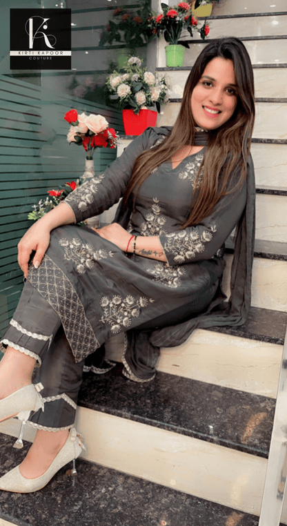 Hand - Embroidered Grey Suit with Dotted Dupatta - Kirti Kapoor Couture
