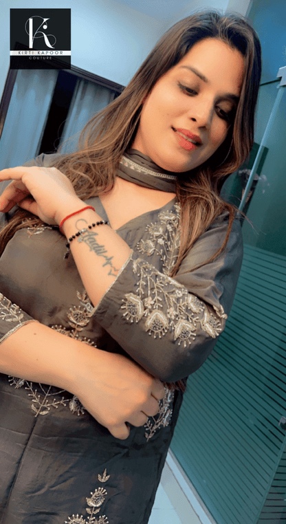Hand - Embroidered Grey Suit with Dotted Dupatta - Kirti Kapoor Couture