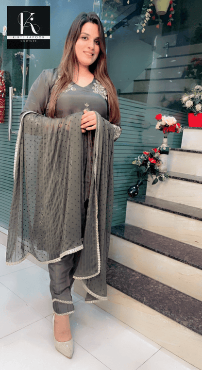 Hand - Embroidered Grey Suit with Dotted Dupatta - Kirti Kapoor Couture
