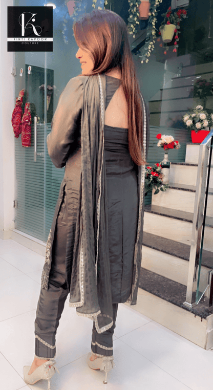 Hand - Embroidered Grey Suit with Dotted Dupatta - Kirti Kapoor Couture