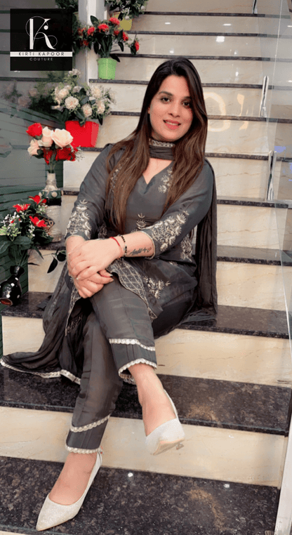 Hand - Embroidered Grey Suit with Dotted Dupatta - Kirti Kapoor Couture