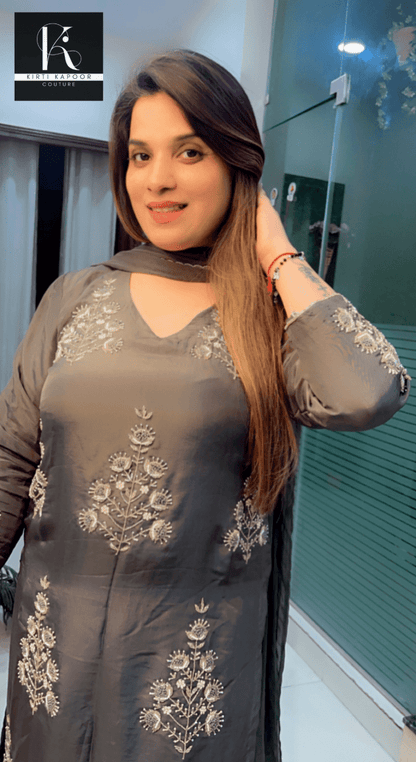 Hand - Embroidered Grey Suit with Dotted Dupatta - Kirti Kapoor Couture