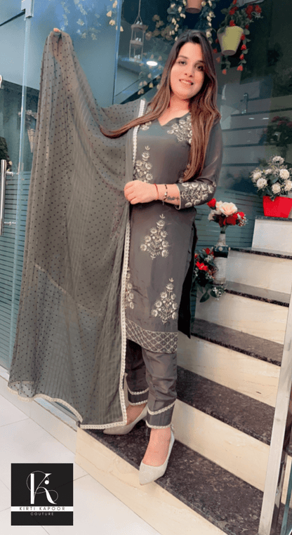 Hand - Embroidered Grey Suit with Dotted Dupatta - Kirti Kapoor Couture