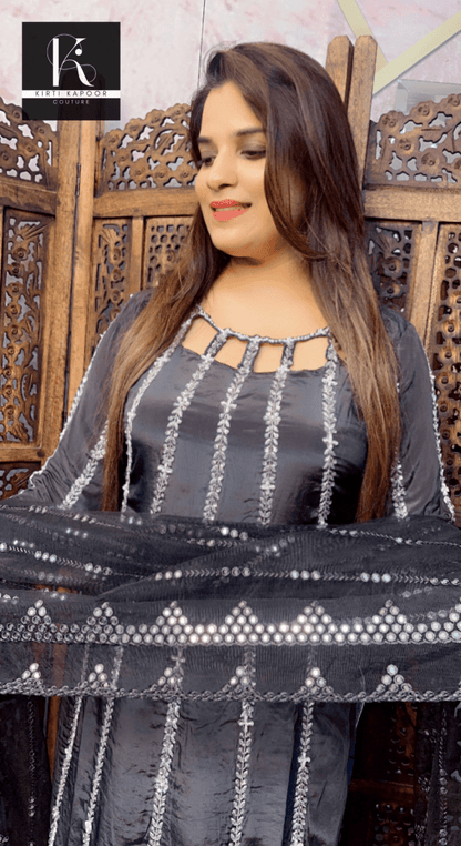 Hand - Embroidered Greyish Black Suit with Designer Neckline - Kirti Kapoor Couture