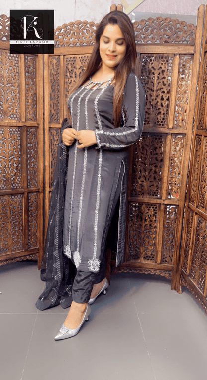 Hand - Embroidered Greyish Black Suit with Designer Neckline - Kirti Kapoor Couture
