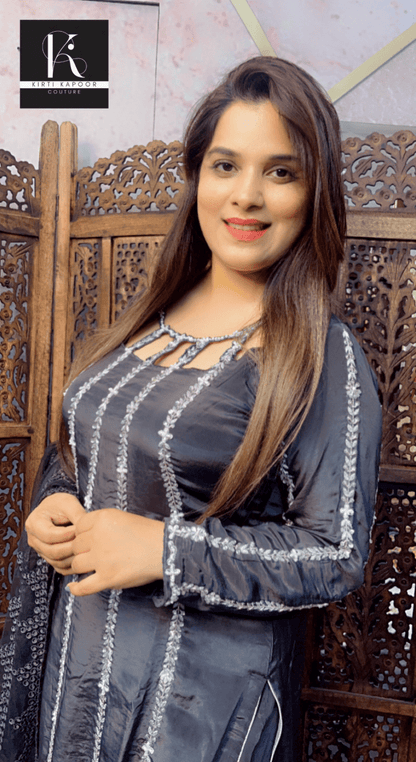 Hand - Embroidered Greyish Black Suit with Designer Neckline - Kirti Kapoor Couture