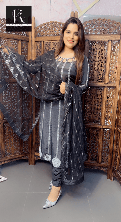 Hand - Embroidered Greyish Black Suit with Designer Neckline - Kirti Kapoor Couture
