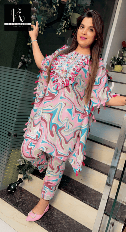 Hand - Embroidered Printed Kaftan with Pant - Kirti Kapoor Couture