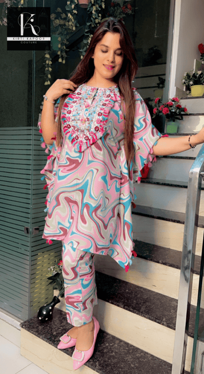 Hand - Embroidered Printed Kaftan with Pant - Kirti Kapoor Couture