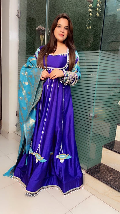Heavily Embroidered Purple Anarkali with Contrasting Banarasi Dupatta - Kirti Kapoor Couture